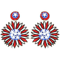 AMERICAN PATRIOTIC SEED BEAD USA RED WHITE AND BLUE FLOWER DROP EARRINGS