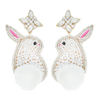 EMBELLISHED MULTI BEAD PEARL GEMSTONE EASTER BUNNY RABBIT WITH COTTON TAIL DANGLE EARRINGS