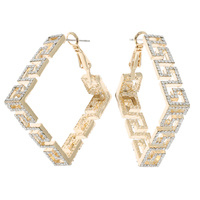 CRYSTAL RHINESTONE PAVE GREEK KEY PATTERN RECTANGULAR DIAMOND SHAPED HOOP EARRINGS