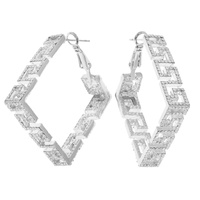 CRYSTAL RHINESTONE PAVE GREEK KEY PATTERN RECTANGULAR DIAMOND SHAPED HOOP EARRINGS