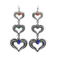 WESTERN 3-TIER SEMI STONE OPEN HEART METAL DANGLE EARRINGS