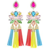 BOHEMIAN GYPSY CRYSTAL GEMS FLOWER SUEDE TASSEL EARRINGS
