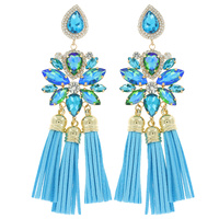 BOHEMIAN GYPSY CRYSTAL GEMS FLOWER SUEDE TASSEL EARRINGS