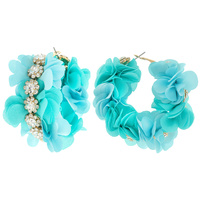 BOHEMIAN GYPSY FABRIC FLOWER HOOP EARRINGS IN GOLD TONE WITH CRYSTAL STONE