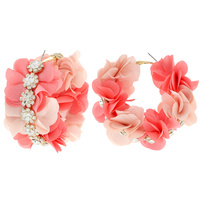 BOHEMIAN GYPSY FABRIC FLOWER HOOP EARRINGS IN GOLD TONE WITH CRYSTAL STONE