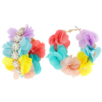 BOHEMIAN GYPSY FABRIC FLOWER HOOP EARRINGS IN GOLD TONE WITH CRYSTAL STONE