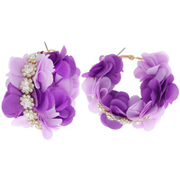 BOHEMIAN GYPSY FABRIC FLOWER HOOP EARRINGS IN GOLD TONE WITH CRYSTAL STONE