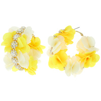 BOHEMIAN GYPSY FABRIC FLOWER HOOP EARRINGS IN GOLD TONE WITH CRYSTAL STONE