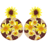 3D SUNFLOWERS COW PRINT SEED BEAD DISCS DROP EARRINGS