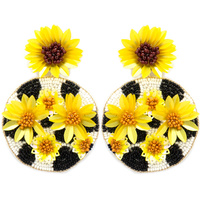 3D SUNFLOWERS COW PRINT BEADED DISCS DROP EARRINGS