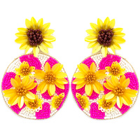 3D SUNFLOWERS COW PRINT BEADED DISCS DROP EARRINGS