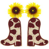2-TIER SUNFLOWER COWHIDE COWBOY BOOT BEADED EMBROIDERY DANGLE AND DROP EARRINGS