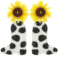 2-TIER SUNFLOWER COWHIDE COWBOY BOOT BEADED EMBROIDERY DANGLE AND DROP EARRINGS