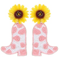 2-TIER SUNFLOWER COWHIDE COWBOY BOOT BEADED EMBROIDERY DANGLE AND DROP EARRINGS