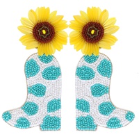 2-TIER SUNFLOWER COWHIDE COWBOY BOOT BEADED EMBROIDERY DANGLE AND DROP EARRINGS