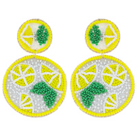 STATEMENT SUMMER BEACH POOL LIME/LEMON/ ORANGE CITRUS PATTERN CIRCULAR SEED BEAD FRUIT DROP EARRINGS