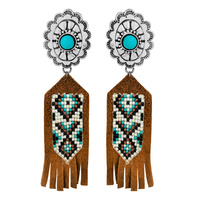 NATIVE AMERICAN WESTERN TURQUOISE STONE CONCHO SUEDE FRINGE DROP EARRINGS WITH SEED BEAD DESIGN