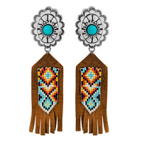 NATIVE AMERICAN WESTERN TURQUOISE STONE CONCHO SUEDE FRINGE DROP EARRINGS WITH SEED BEAD DESIGN
