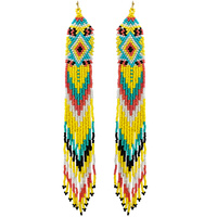 NATIVE AMERICAN STATEMENT MULTICOLOR SEED BEAD LONG DROP CASCADE TASSEL EARRINGS