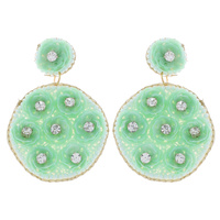 2-TIER 3D FLOWERS SEED BEAD DISCS DROP EARRINGS-FASHION STATEMENT JEWELRY