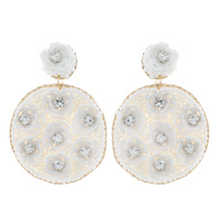 2-TIER 3D FLOWERS SEED BEAD DISCS DROP EARRINGS-FASHION STATEMENT JEWELRY