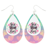 BEST MOM EVER MOTHER'S DAY THEMED WOODED GRAPHIC DOUBLE LAYER TEARDROP EARRINGS