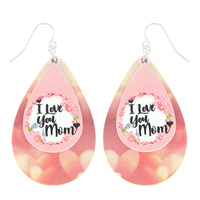 "I LOVE YOU MOM" - MOTHER'S DAY THEMED WOODED GRAPHIC DOUBLE LAYER TEARDROP EARRINGS