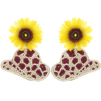 FASHION STATEMENT SUNFLOWER POST SEED BEAD COW PRINT COWBOY HAT DROP EARRINGS