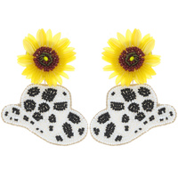 FASHION STATEMENT SUNFLOWER POST SEED BEAD COW PRINT COWBOY HAT DROP EARRINGS