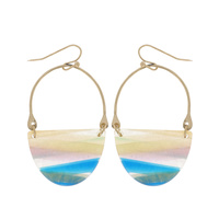 BOHO ACRYLIC STONE EFFECT CRESCENT HOOP DANGLE HOOP EARRINGS IN GOLD TONE METAL