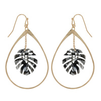 TROPICAL ACRYLIC STONE EFFECT PALM LEAF CHARM TEARDROP DANGLE HOOK EARRINGS IN GOLD TONE METAL