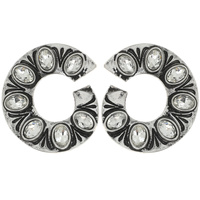 WESTERN INLAY SEMI STONE OPEN CIRCLE STUD DROP EARRINGS IN SILVER TONE OXIDIZED METAL