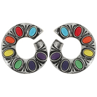 WESTERN INLAY SEMI STONE OPEN CIRCLE STUD DROP EARRINGS IN SILVER TONE OXIDIZED METAL