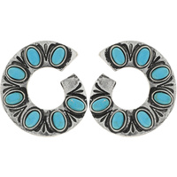 WESTERN INLAY SEMI STONE OPEN CIRCLE STUD DROP EARRINGS IN SILVER TONE OXIDIZED METAL