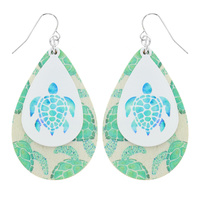 TURTLE -MARINE OCEAN THEMED WOODEN TEARDROP FISH HOOK DANGLE EARRINGS