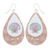 CLAM - MARINE OCEAN THEMED WOODEN TEARDROP FISH HOOK DANGLE EARRINGS