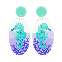 SEAHORSE - MARINE OCEAN THEMED TRANSLUCENT PAINTED OVAL 2-TIER ACETATE DROP EARRINGS