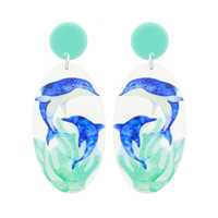 DOLPHIN - MARINE OCEAN THEMED TRANSLUCENT PAINTED OVAL 2-TIER ACETATE DROP EARRINGS