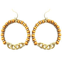BOHO WOODEN BEADED OPEN CIRCLE CHAIN FISH HOOK  DANGLE EARRINGS IN GOLD TONE METAL