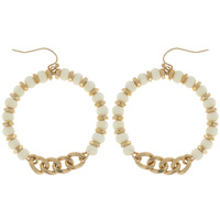BOHO WOODEN BEADED OPEN CIRCLE CHAIN FISH HOOK  DANGLE EARRINGS IN GOLD TONE METAL