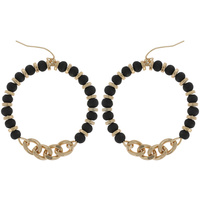 BOHO WOODEN BEADED OPEN CIRCLE CHAIN FISH HOOK  DANGLE EARRINGS IN GOLD TONE METAL