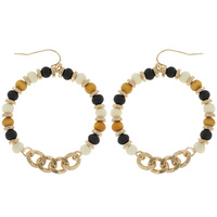 BOHO WOODEN BEADED OPEN CIRCLE CHAIN FISH HOOK  DANGLE EARRINGS IN GOLD TONE METAL