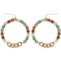 BOHO WOODEN BEADED OPEN CIRCLE CHAIN FISH HOOK  DANGLE EARRINGS IN GOLD TONE METAL