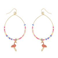 FLAMINGO - TROPICAL OPEN TEARDROP HOOP PONY BEADED ENAMEL CHARM DANGLE AND DROP HOOK EARRINGS