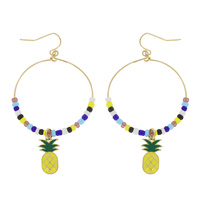 PINEAPPLE - TROPICAL OPEN TEARDROP HOOP PONY BEADED ENAMEL CHARM DANGLE AND DROP HOOK EARRINGS