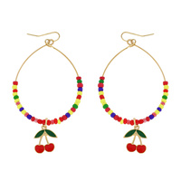 CHERRIES - TROPICAL OPEN TEARDROP HOOP PONY BEADED ENAMEL CHARM DANGLE AND DROP HOOK EARRINGS