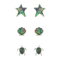 ABALONE IRIDESCENT FINISH SET- 3-PAIR SET-MARINE OCEAN THEMED STUD EARRINGS IN SILVER TONE METAL