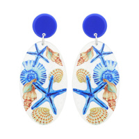 STARFISH - MARINE OCEAN THEMED TRANSLUCENT PAINTED OVAL 2-TIER ACETATE DROP EARRINGS