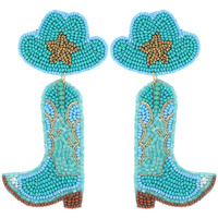 COWGIRL STAR DESIGN BOOTS & HAT HANDMADE BEADWORK "COUNTRY GIRL" SEED BEAD DROP EARRINGS