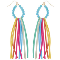 WESTERN TURQUOISE BEADED SUEDE FRINGE HOOK DANGLE LONG DROP EARRINGS